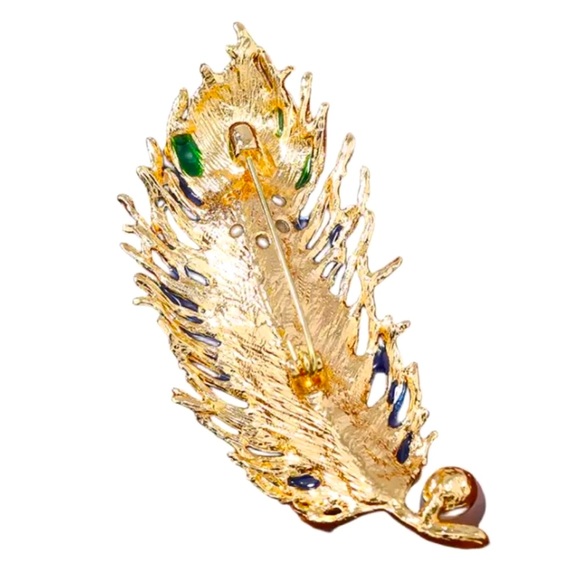 Feather Purple, Green, Gold, Crystal, Faux Pearl & Enamel Brooch - Picture 8 of 8